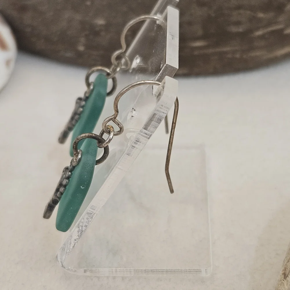 Handmade 925 Seahorse Sterling Silver Green Beach Glass Earrings